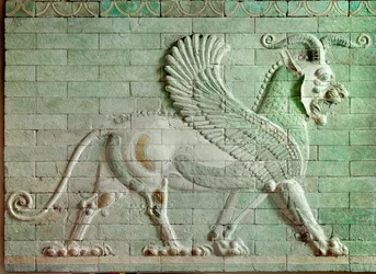 Persian period rouenide (Iran): low relief in enamelled brick representing a griffon. From the Palace of Darius I (550-486 BC), king of Persia at Susa. 510 BC. Paris, Louvre Museum