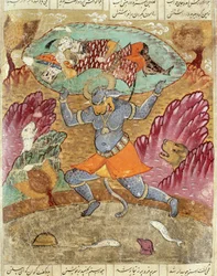 Rostam carried by Akwan-Diwa, illustration from the Shahnama (Book of Kings) by Abul-Qasim Manur Firdawsi, 1619
