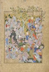 The Pir rejects the ducks brought as presents, folio from a Haft awrang (Seven thrones) by Jami, probably Mashad, Khurasan, Iran, Safavid dynasty, 1556-1565