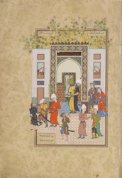 The infant witness testifies to Yusufs innocence, folio from a Haft awrang (Seven thrones) by Jami, probably Mashad, Khurasan, Iran, Safavid dynasty, 1556-1565