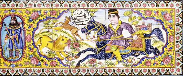 Third Cartouche from a Long Panel of Cuerda Seca Tiles, Depicting Hunting and Battle Scenes