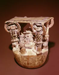 Deity on Throne with Canopy Supported by Courtiers, Recuay Culture