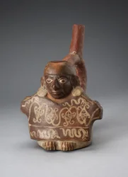 Stirrup Spout Vessel Depicting Man Holding Decorated Textile