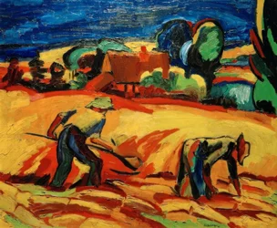 My Parents Harvesting Corn in Front of the House