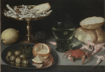Still life with fruit, sweets, crustaceans, a glass and a mouse, c.1620