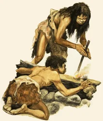 A Stone Age Mother and Child Making a Fire