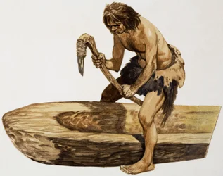 Stone Age Man Digging Out a Canoe