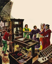 William Caxton showing off his printing press to King Edward IV and his Queen, Elizabeth