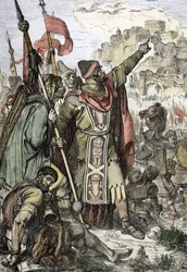 Barbarian Invasion: The King of the Huns Attila Watching with His Soldiers
