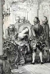 Queen Caroline Mathilde of Denmark (1751-1775) forced to sign the divorce documents following her extramarital adventure in 1772. Pen drawing