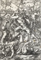 Representation of Pelagius the Conqueror, King of Asturias, Triumphant Against the Saracens, 719, Covadonga, Spain