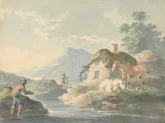 Rustic Scene: Man Fishing, Left; Cottage with Water-Mill and Horses Right