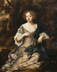 Portrait of a Lady, Seated Full Length, in a Wooded Landscape, Wearing a Violet Silk Dress with White Sleeves and Trimmings