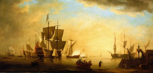 A British building with other anchored ships, at dusk