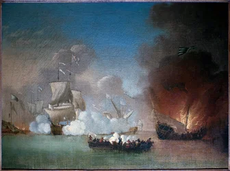 Naval battle between a Portuguese warship and prickly pirate galleys, circa 1685