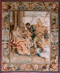Flemish tapestry. Series History of the consul Decius Mus. Mars appears to Rhea Silvia. Eighth tapestry in the series. Model P P Rubens. Manufacture Jan Raes II, Brussels. Ca 1620-1629.