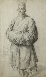 A Man in Korean Costume, Wearing a Transparent Headdress of Horsehair, Nearly Full Length, a Ship to the Left