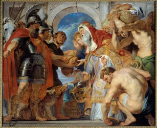 Abraham and Melchisedech. Returning from a victorious campaign, Abraham met Melchisedech, king of Salem who brought him bread and wine. He was a priest and pronounced this blessing