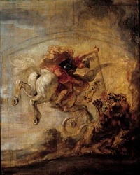 Bellerophon climbs on Pegasus through his spear the chimera