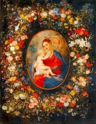 The Virgin, Child Jesus, and Angels Amidst a Garland of Flowers