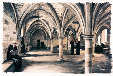 Monks in the Common Room of Battle Abbey, East Sussex