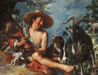 A Shepherd Piping on a Knoll, a Dog and his Flock Nearby