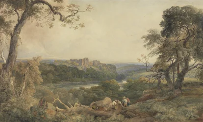 Castle above a River, Woodcutters in the Foreground