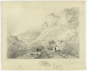 Figures and Horse Cart in Landscape with Cliffs