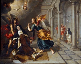 Saint Therese of Avila (of the Child Jesus) (1515-1582) meets the angel who pierces her heart with a golden dart by Peter Van Lindt (17th century)