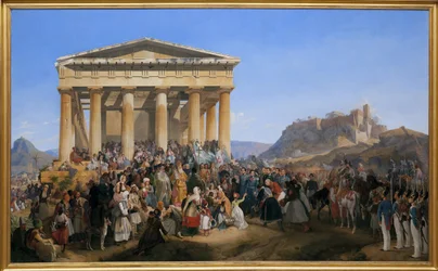 The entrance of King Othon I of Greece to Athens, welcomed by the crowd in front of the temple of Hephaistos or Theseion on Agora