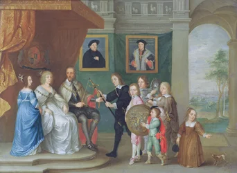 Thomas Howard, 14th Earl of Arundel is presented with arms by his children to mark his appointment to lead the army against Scotland in 1639