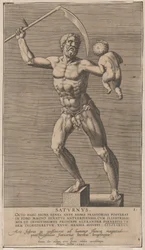 Plate 1: Saturn, statue of the nude god standing on a socle, holding a scythe in his right