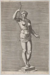 Plate 7: Diana, statue of the nude goddess standing on a socle, wearing a crescent moon in ..., 1586