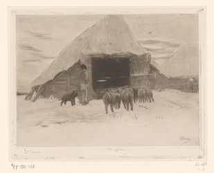 Shepherd Leading a Flock of Sheep into a Barn