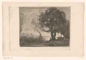 Landscape with flutist under a tree and silhouette of a city