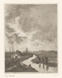 Pastoral Landscape with Ditch, Farm, and Windmills