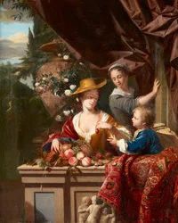 Elegant Figures on a Terrace with Bowl of Assorted Fruit