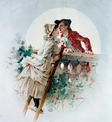 Tender Kiss. Gallant scene depicting a couple kissing in the moonlight. Lithograph by Philippe Jacques Linder (1835-?). 19th century. Private collection