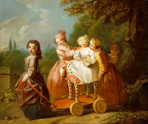 A Young Boy on a Hobbyhorse, with other Children Playing in a Garden
