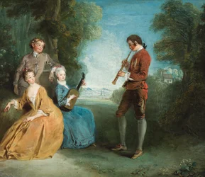 Two pairs of lovers, one pair making music, in a parkland setting