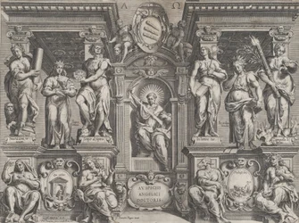 Allegorical thesis print with various figures, set in an architectural structure