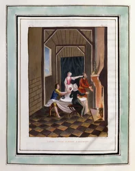 Chloe offers a drink to Daphnis. Drawing by Philippe d