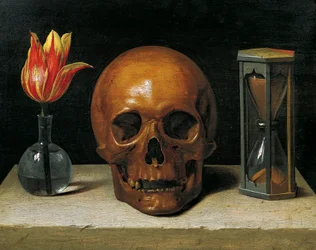 Vanitas Still Life with a Tulip, Skull and Hourglass