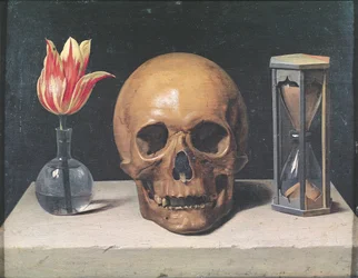 Vanitas Still Life with a Tulip, Skull and Hour-Glass