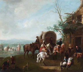 Travellers outside an inn with a man on a rearing white horse