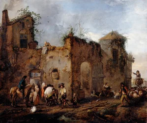 Courtyard with a Farrier Shoeing a Horse