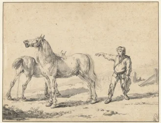 Two Horses, One Urinating and the Other Whinnying, and a Standing Man with His Right Arm Raised