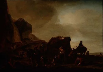 Travellers and Beggars by a Ruined Hut
