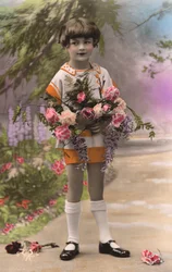 Young French Boy Holding Roses