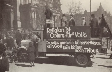 Lorry daubed with Communist slogans on the streets of Berlin, Germany